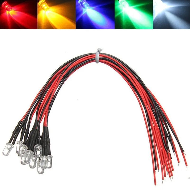 Yunir LED 5mm 12V - 10 Pezzi Multicolore Con Cavo 20cm: Rosso, Giallo, Blu, Verde, Bianco, Viola, Rosa E Effetti Luminosi - 6