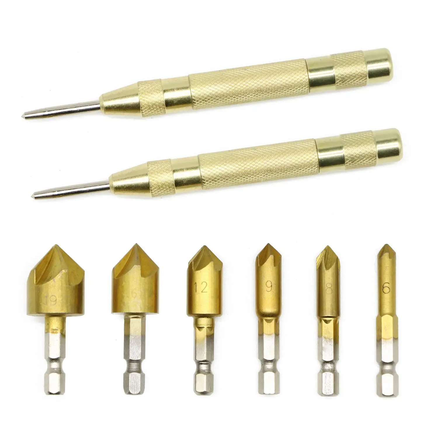 NC13US Countersink Drill Bits Center Punch Tool Sets,6 PCS 1/4 Hex Shank HSS 5 Flute