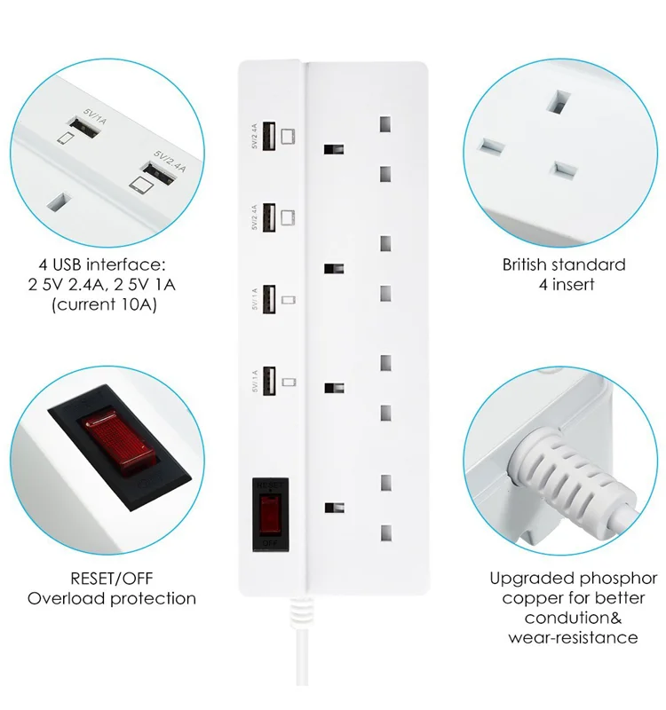 Extension Lead With Usb,4 Way Universal Sockets 4 Usb Charging Ports 1.8 Meter Surge Protection
