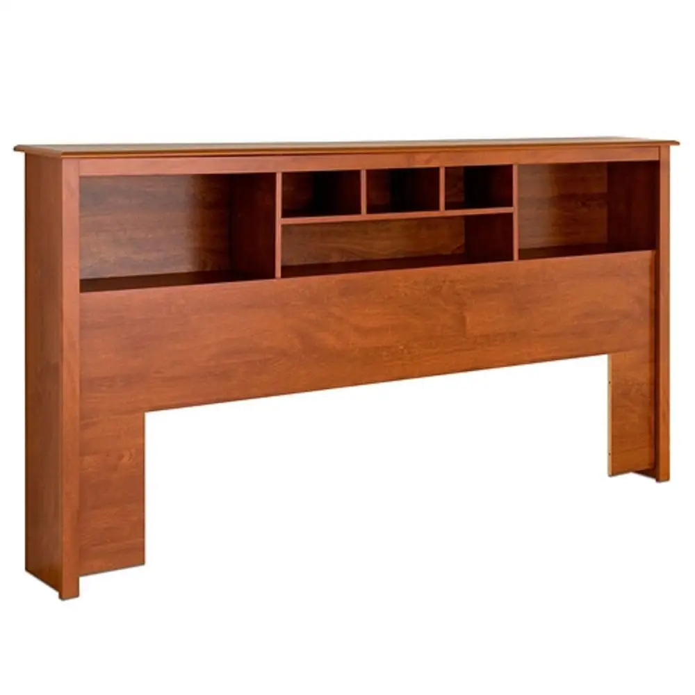King Size Bookcase Headboard Adjustable Shelf in Cherry Finish Upholstered Queen Bedroom Tufted Furniture MyEasyShopping