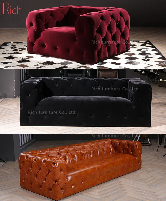 Home Living Room Button Design Sofa Black 2 Seater Fabric Couch Without