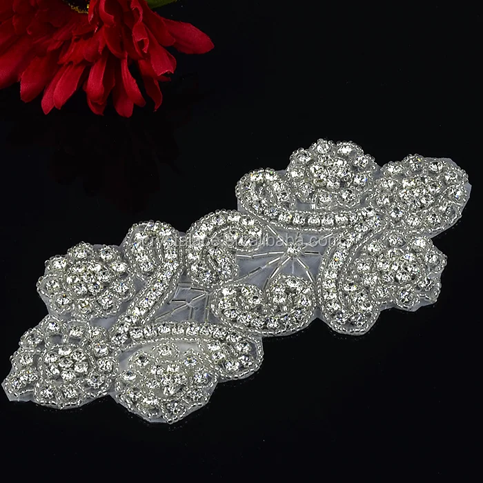 Iron-on embroidery patch beaded, bridal dress rhinestone beaded applique