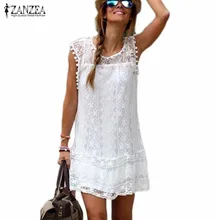 Zanzea moda para el Verano 2016 Mujeres Sexy Casual Sin Mangas de la Playa Vestido Corto Borla Sólido Blanco Mini Vestido de Encaje Vestidos Más El Tamaño
