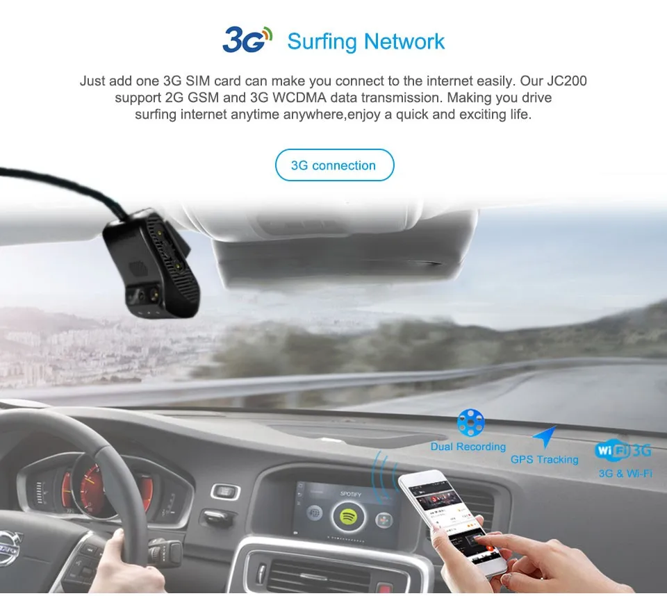 Jc200 3g Smart Car Gps Tracking Dashcam With Dual Camera Recording And ...