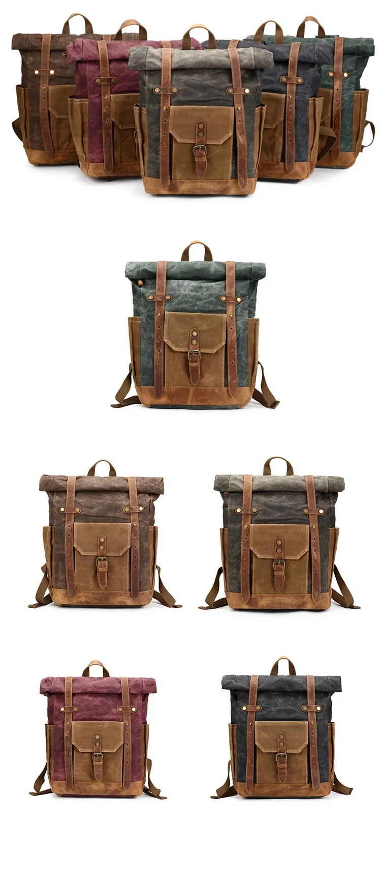 Vintage retro teenager daily brand high quality waxed canvas leather rucksack backpack bag water proof