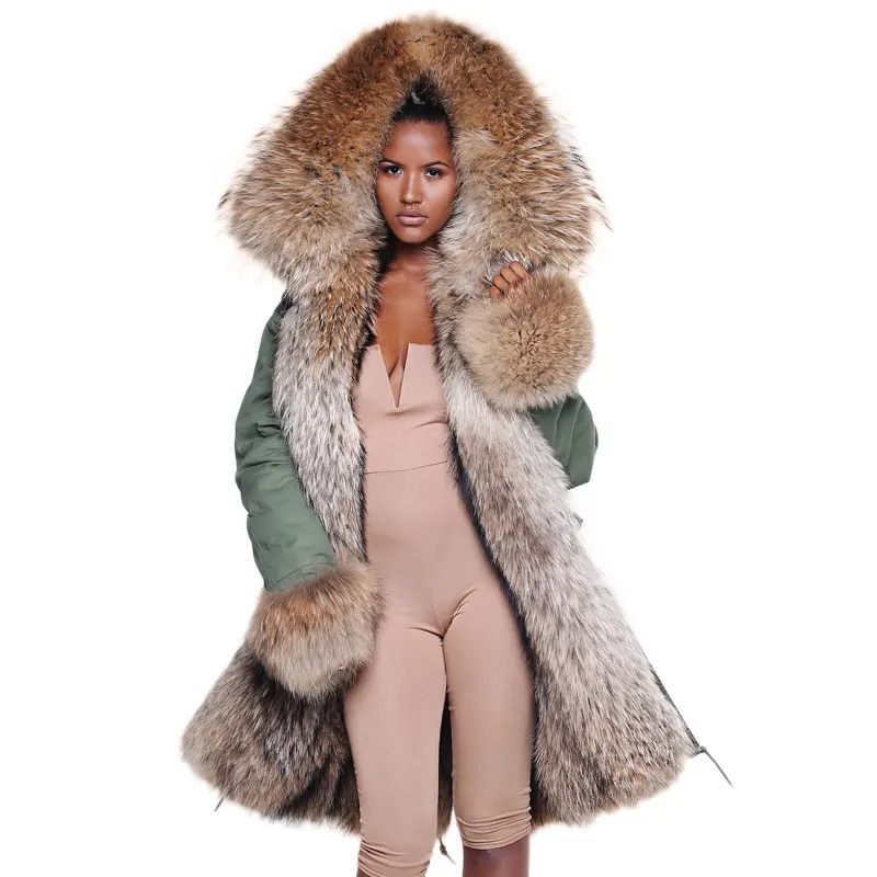 Fashionable high-end Italy style coats real raccoon fur collar jacket winter women fur parkas