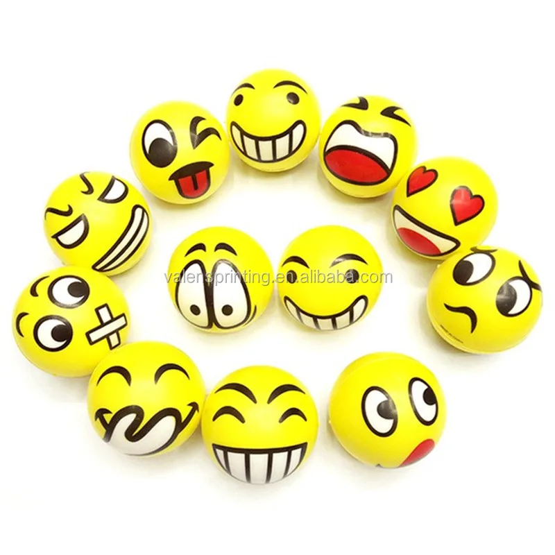 Source 12 different yellow smile face PU anti stress smile ball on