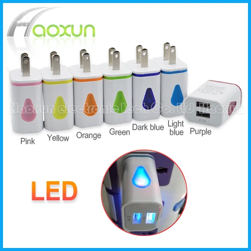 Fast charge 2A in US/EU plug water-drop design travel home adapter dual wall charger with LED