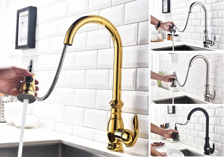 Single Hole Copper Gold Washing Sink Faucet, Black Spout Movable Solid Brass UPC Kitchen Sink Faucet