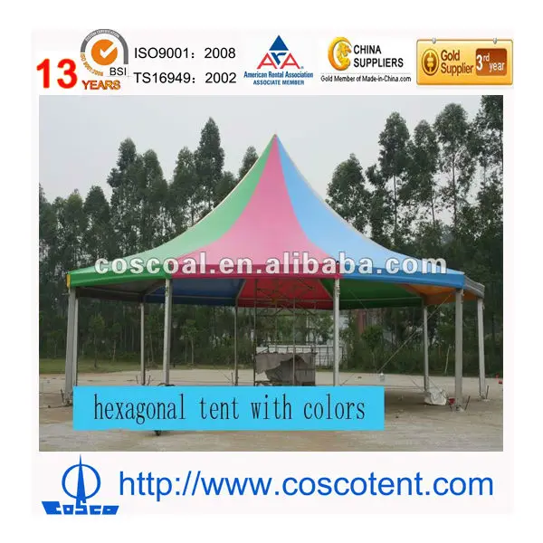 Hexagonal pagoda tent with wooden floor and glass wall
