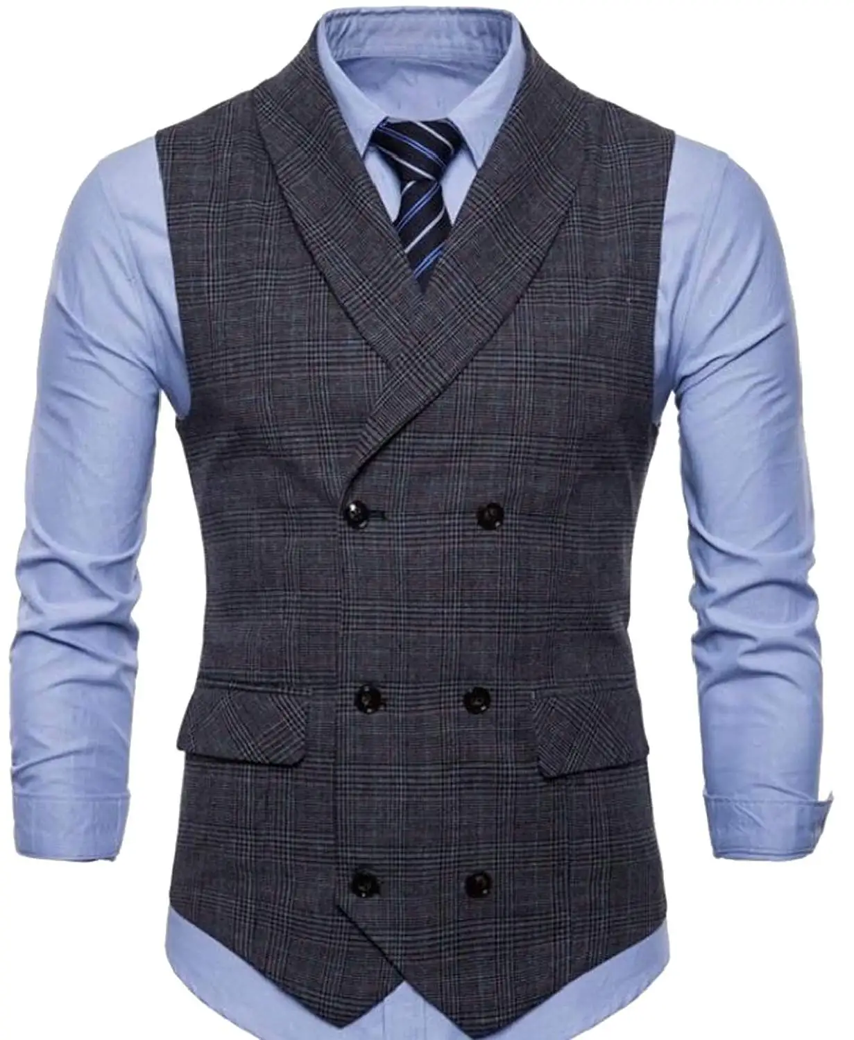 M/&S/&W Men Business Basic Plaid Suit Vest Double Breasted Slim Fit Dress Waistcoat