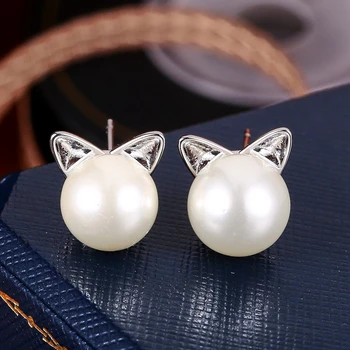 Cute Cat Ear White Gold Plated Imitation Pearl Earrings Studs Animal For S Flat Stud Cute Cat Ear White Gold Plated Imitation Pearl Earrings Studs Animal For S Flat Stud