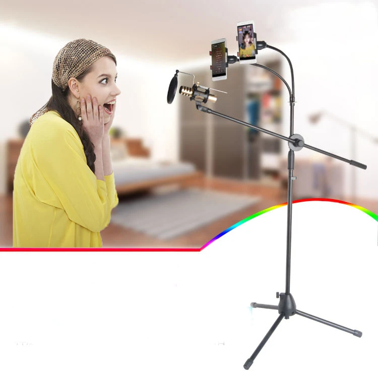 Fashion Adjustable Double Head Tripod Base Microphone Stand Mobile Phone Holder