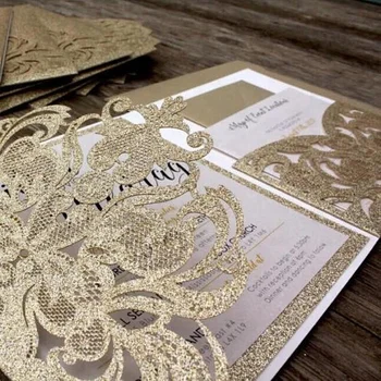 Cheap Custom Pocket Laser Cut Gold Glitter Wedding Invitations Buy