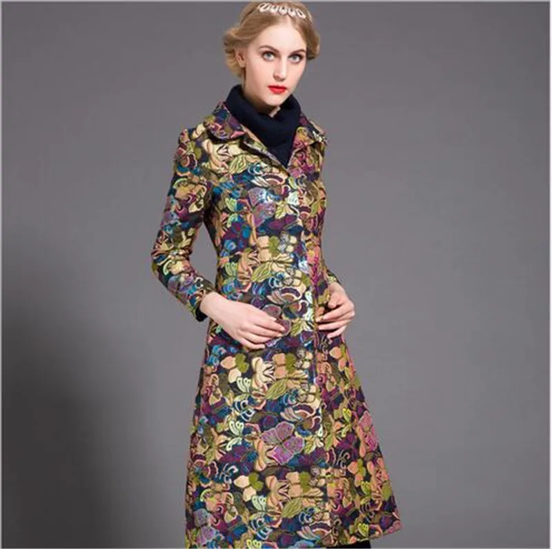 Europe United 2016 Autumn font b Winter b font New Fashion Women Print Trench Coat Elegant