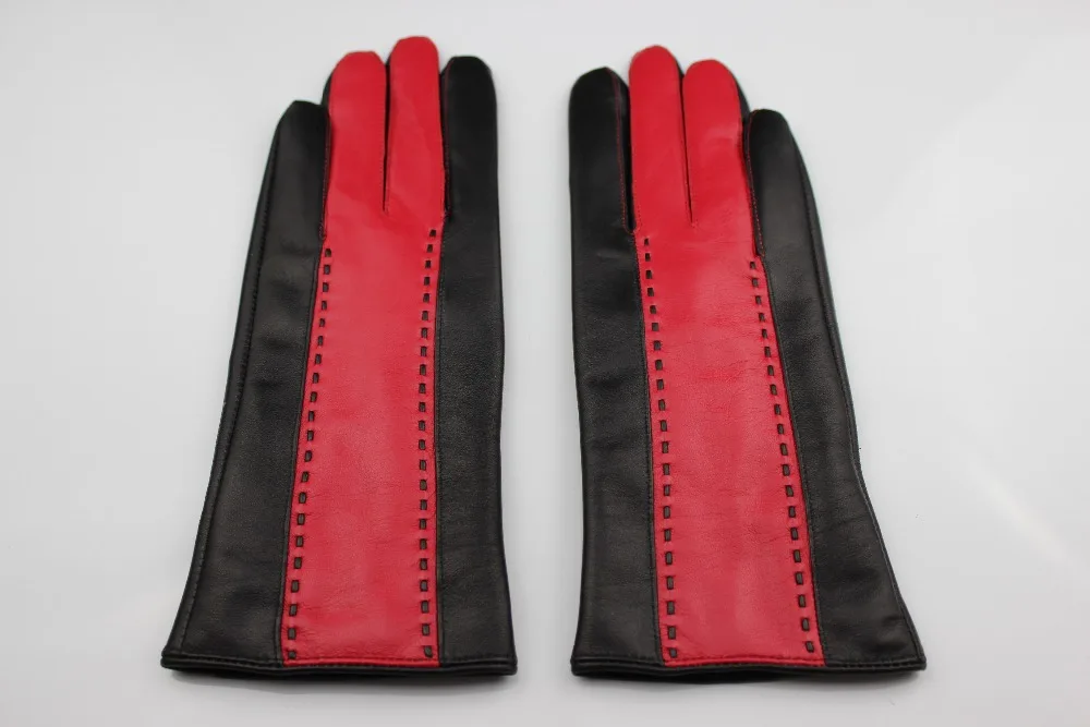 Ladies black combined red leather gloves made in China