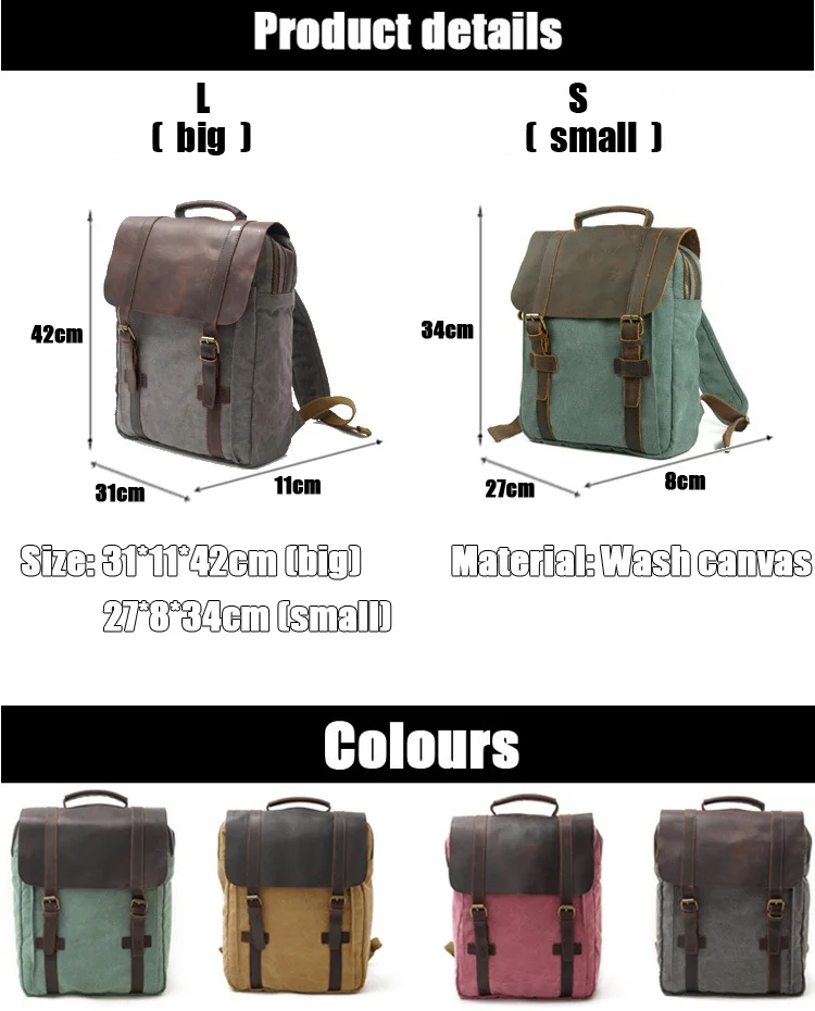 Elegant European vintage design cotton canvas crazy horse leather rucksack high school backpack bag back pack bagpack