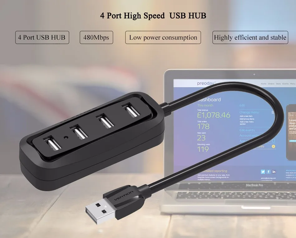 Vention High Speed 4 Ports USB 2.0 HUB for Apple Macbook Air Laptop Tablet PC - Black