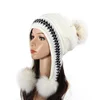 Fashion new decorative good quality mix color warm fur ball earflap knitted hat for women