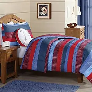 3 Piece Kids Boys Navy Blue Red Stripes Comforter Full Queen Set, Horizontal Rugby Striped Bedding Sports Themed Team Colors, Nautical Teen Solid Colorful Pattern Checked Polyester Dorm College