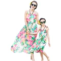 2016 Bohemian Summer Mother Daughter Dresses Floral Sleeveless Straped Chiffon Long Beach Travel Outfit Family Clothing