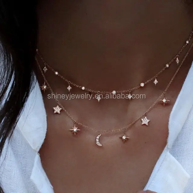 Sterling Silver vermeil pave stone Moon star New design becautiful rose gold necklace