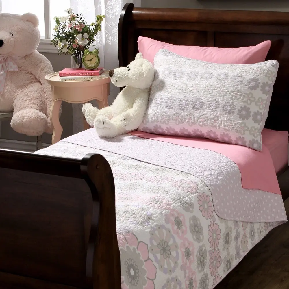 3 Piece Girls Light Pink Purple Grey Floral Theme Quilt Full Queen, Pretty All Over Geometric Medallion Daisy Flower Bedding, Beautiful Girly Reversible Multi Small Polka Dot Themed Pattern Gray White