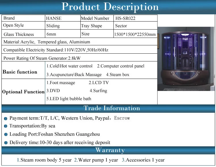 HS-SR022 personal steam cabinet luyisi corner tub shower combo