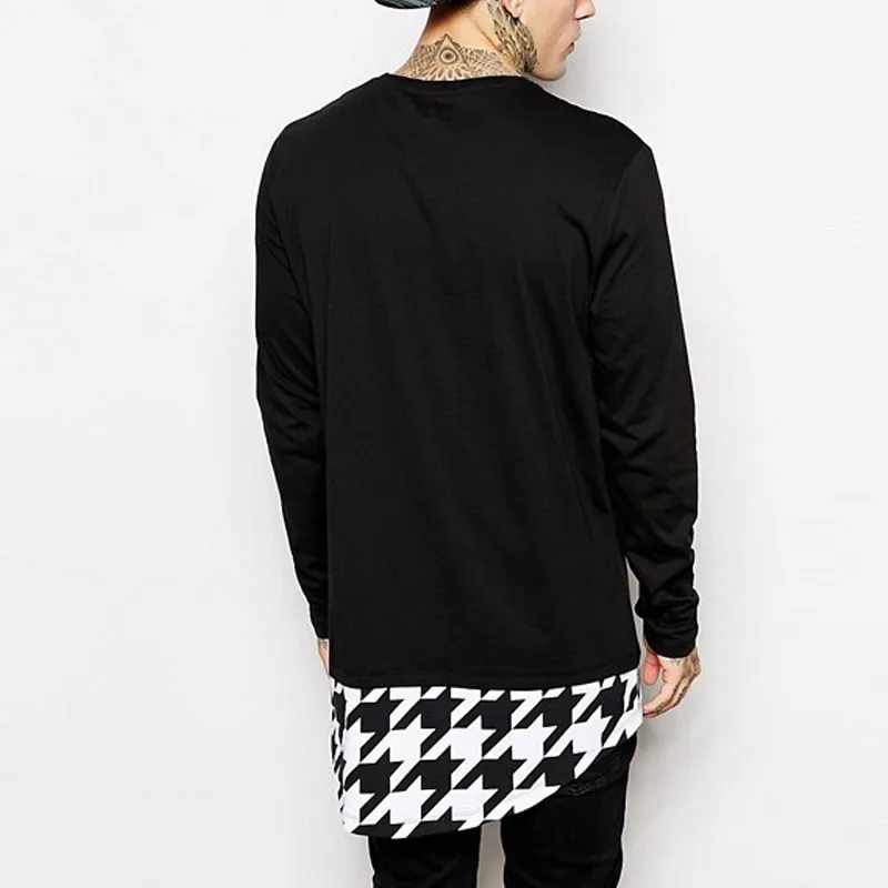 Long Sleeve Contrast Print Curved Hem Mens Fashion Longline T Shirt