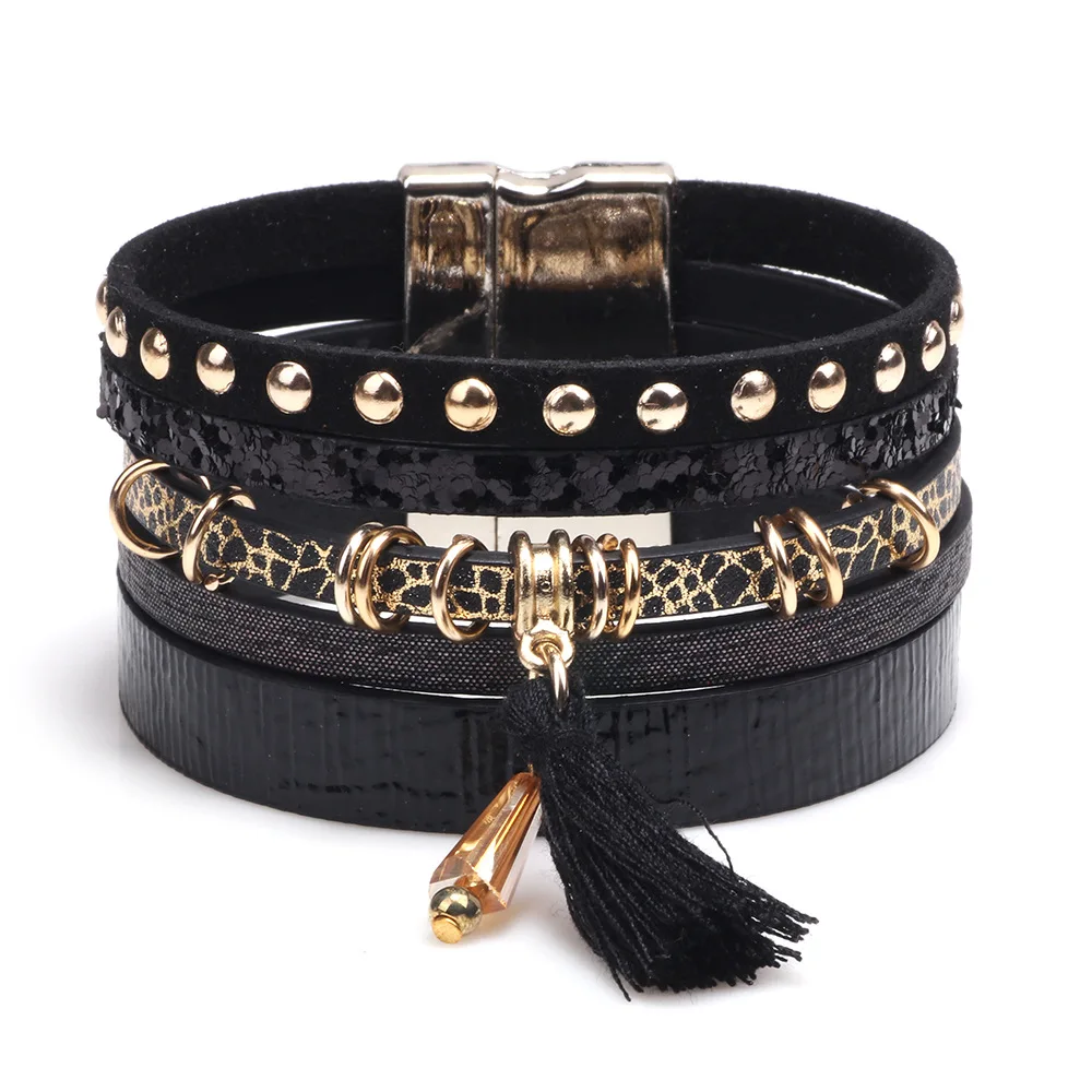 Women Bohemian Multilayer Leather Tassel Crystal Beads Wrap Bracelet