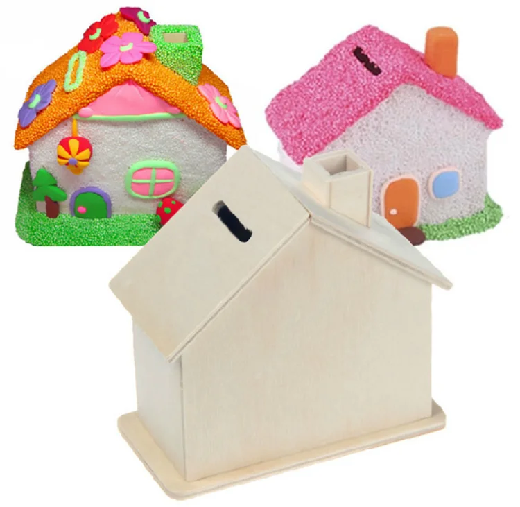 Children Original Wood Creative Diy Materials House Money Saving Box