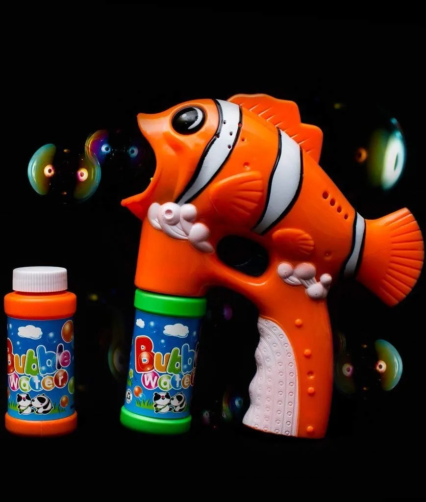 LIGHT UP SEE THROUGH CLOWN FISH BUBBLE GUN WITH SOUND toy bottle maker machine 