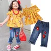 flower sling off shoulder top fringe denim pants summer pretty funky affordable toddler girl clothes