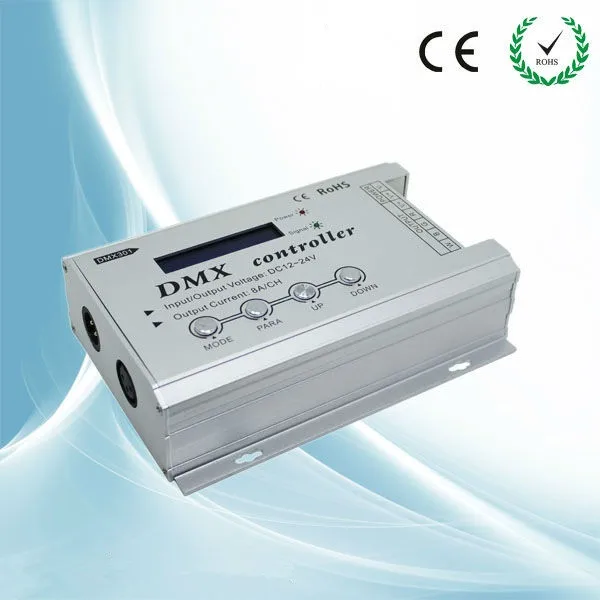 DMX301 low voltage DMX led controller (with LCD display);DC12~24V input;Output current:8A*3channels,power: 12V:<144W, 24V:<288W