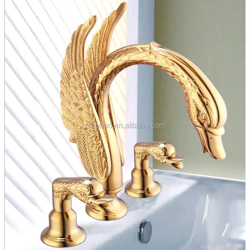Royal Brass Double Handles 3 Holes Antique Bird Swan Design Goldplated