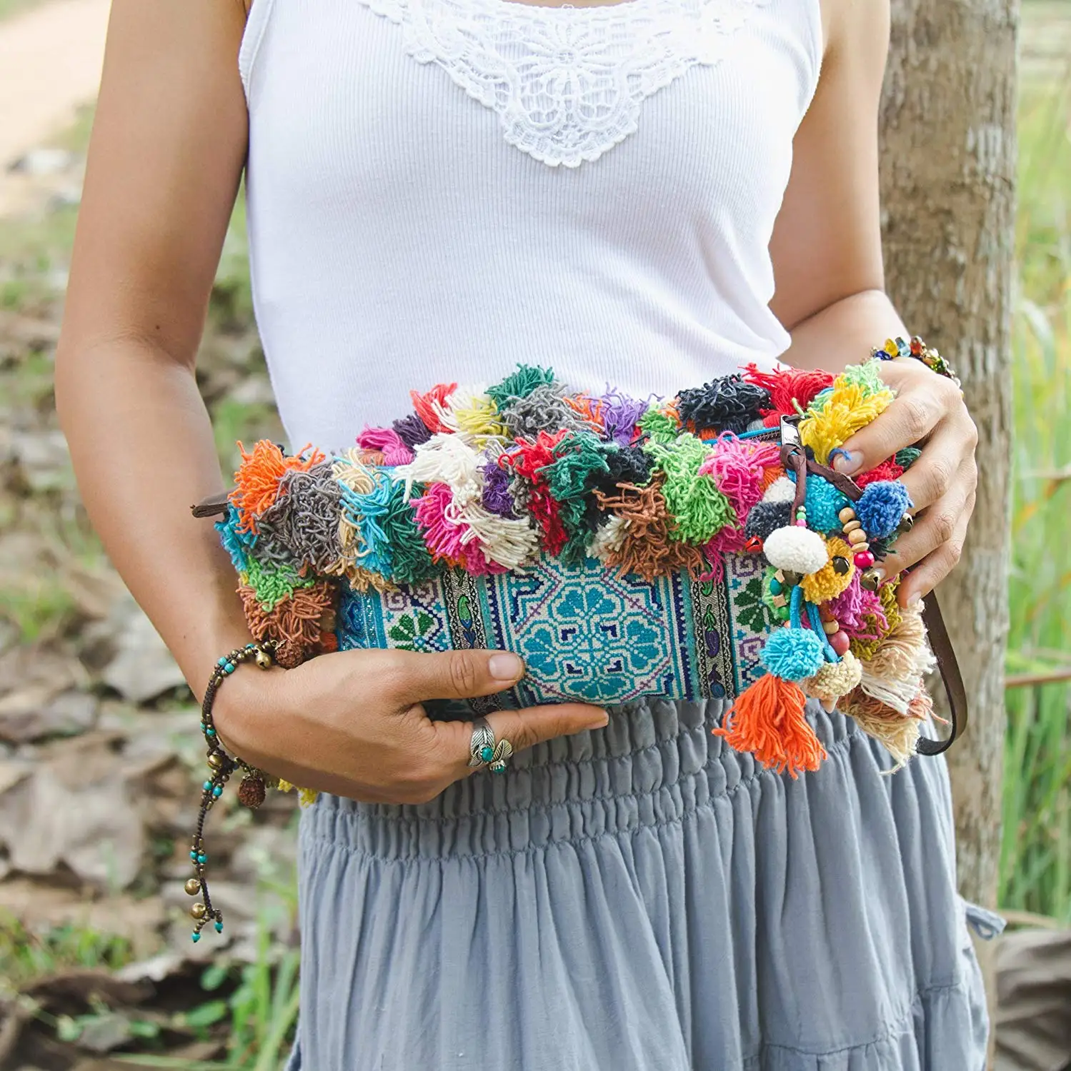Changnoi Vintage Hmong Hill Tribe Embroidered Clutch with Colorful Hairs and Pom Pom for Women, Boho Clutch Bag, Bohemian Purse in Blue