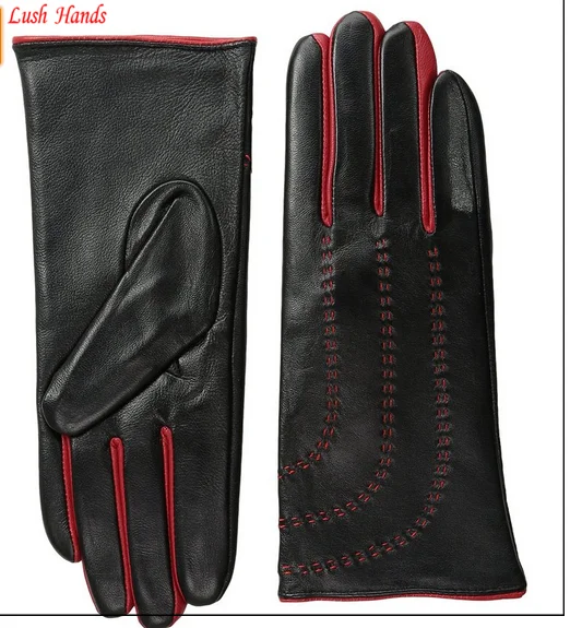 Ladies black finger and thum glove dress leather gloves