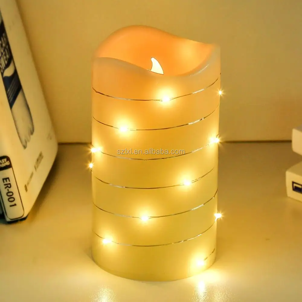 Led Flameless Pillar Wax Candles With Fairy Lights For Christmas
