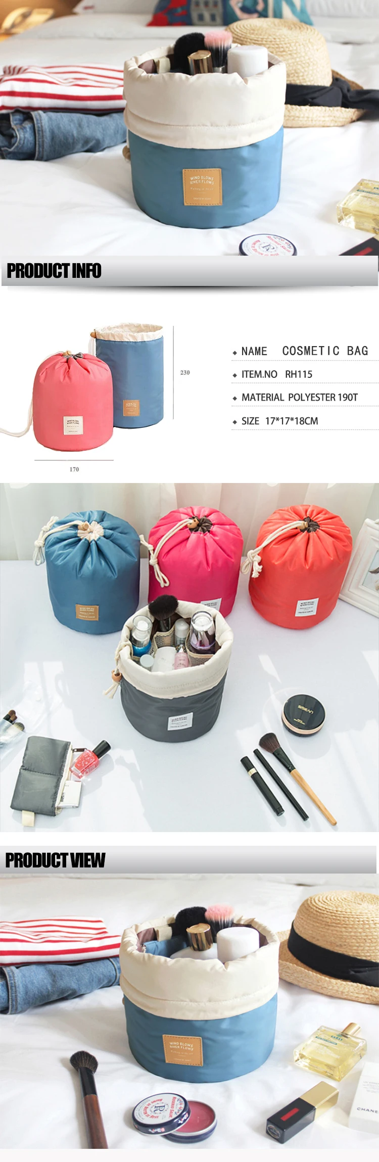 Osgoodway2 Soft Travel Make up Bag Waterproof Folded Cylinder Drawstring Cosmetic Organizer Bag