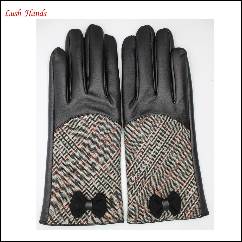 ladies high-quality black leather gloves with checked cloth handback