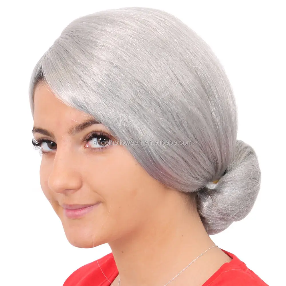 Grandma Silver Gray Old Lady Granny Costume Cosplay Women Wig Bun Fashion