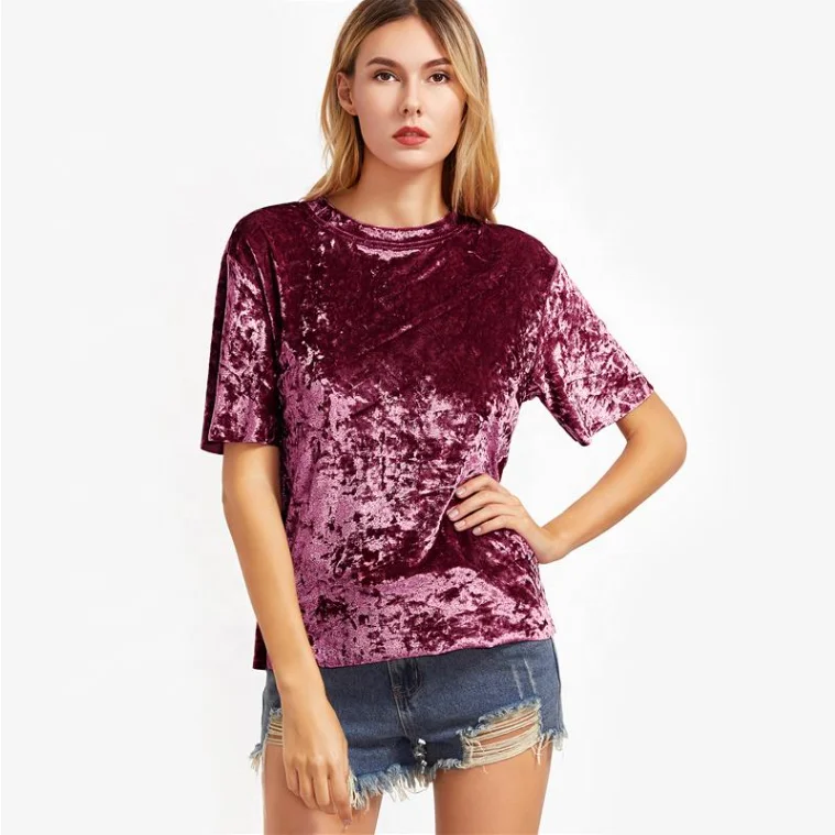 Round Neck Velvet T-shirt For Women Summer Crewneck Polyester Velour ...