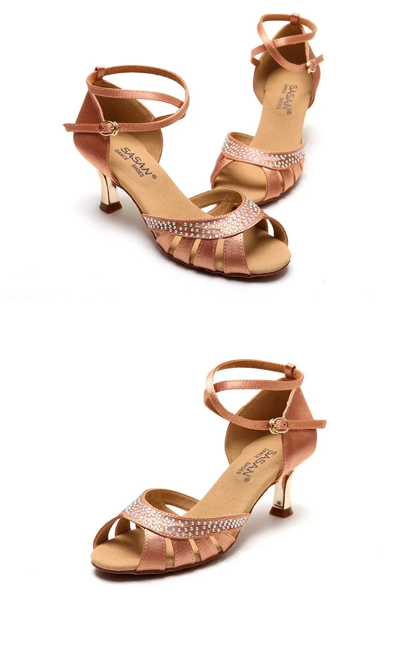 Sasan Wholesale Woman Latin Dance Shoes Crystal Medium Heel Salsa Dance
