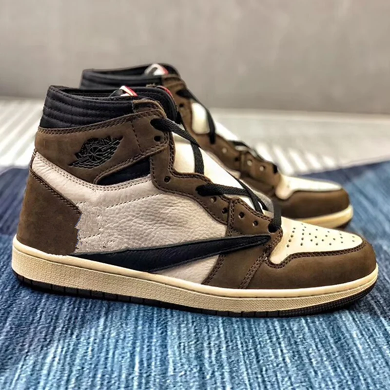 Custom logo Genuine Leather  Air Travis Scott x AJ1  High OG Cuctus Jack Men Fashion Sneakers Tenis Man  basket Shoes