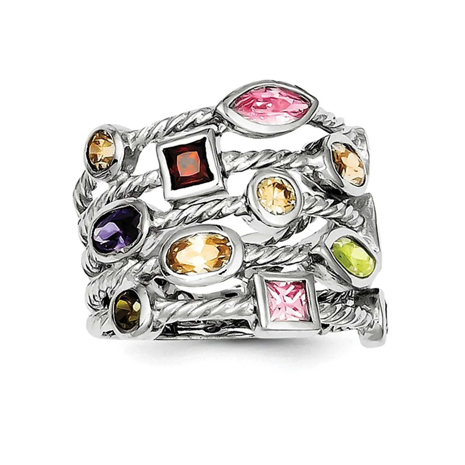 Sterling Silver Oval Polished Marquise Open back Multi-colored Rhodium-plated Multi-color Multi-shaped Gem 5-strand Ring - Ring Size Options: 6 7 8