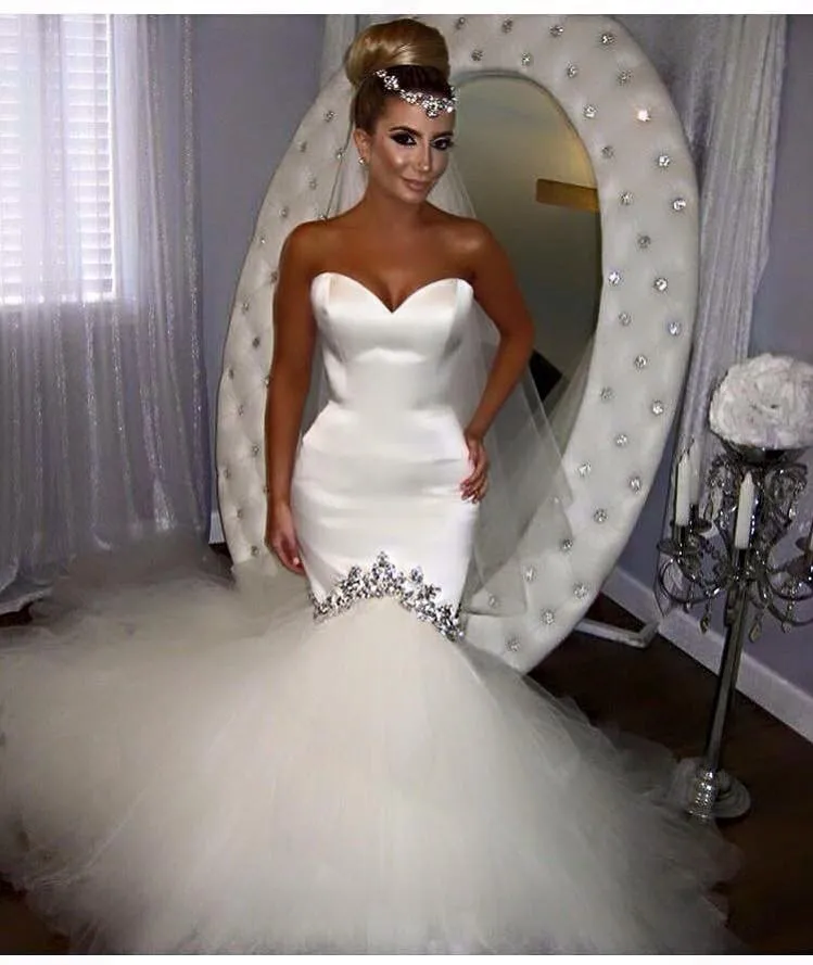 ON3047 Saudi Arabia Sexy Sweetheart Mermaid Wedding Dresses 2020 Crystal Beaded Tulle Satin Bridal Wedding Gown Robe De Marriage