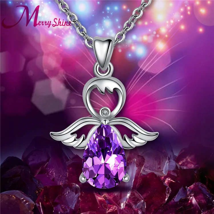 新的紫色水晶钻石天使银项链