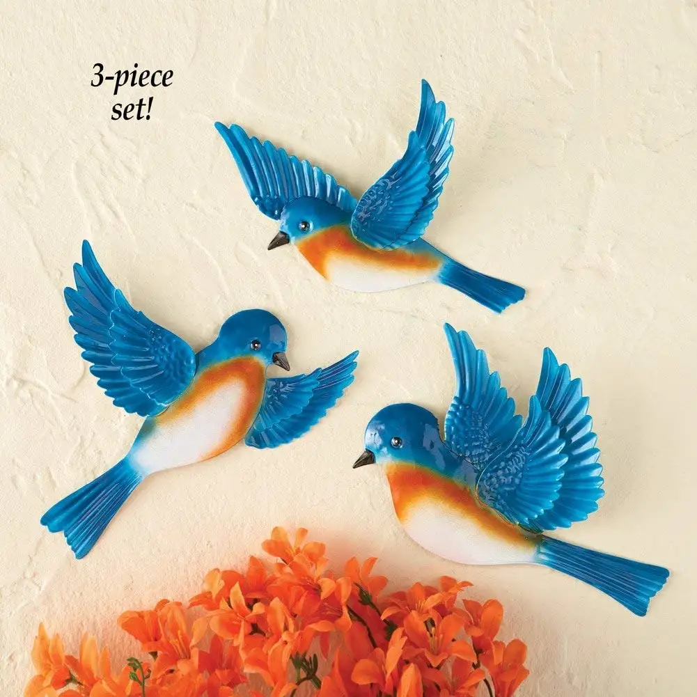 Set Of Three Metal Blue Bird Home Hanging Wall Art Decor - Buy Wall Art