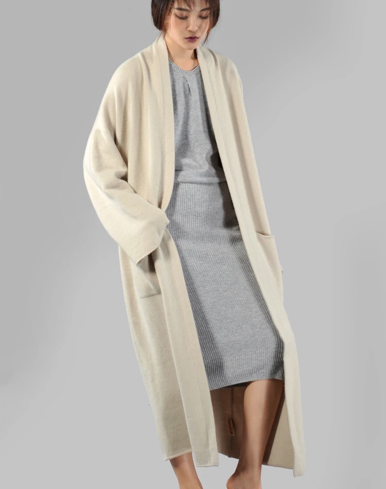 Long Cashmere Cardigan For Ladies,Pure Cashmere Fabric Solid Color,Plus