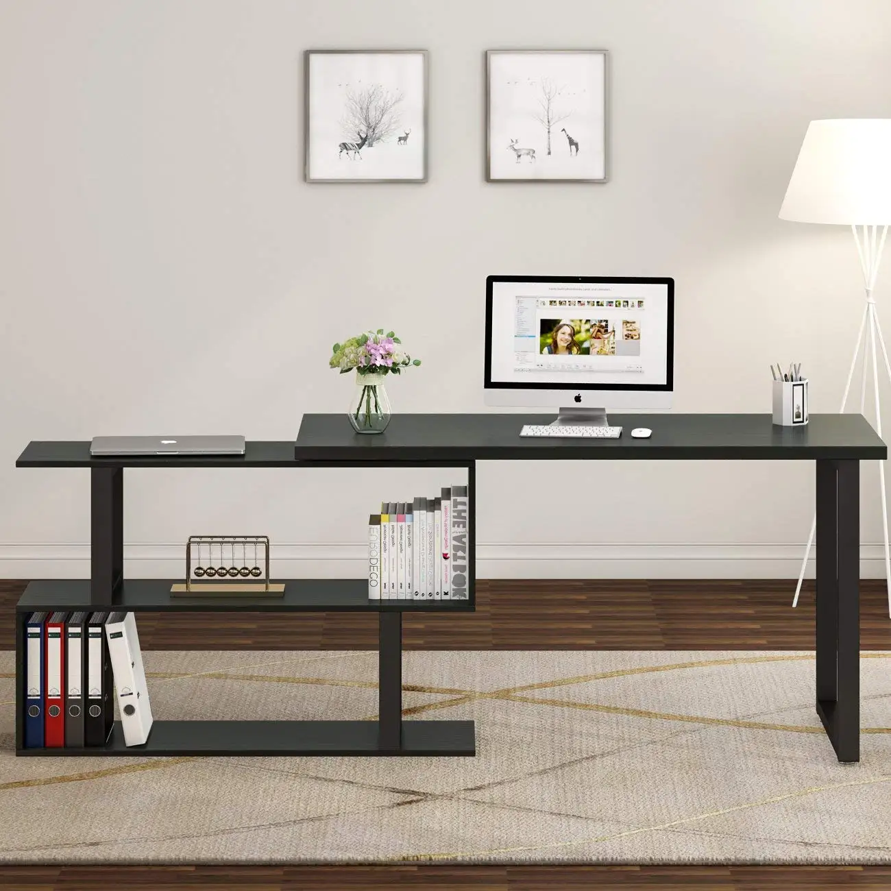 2018 New Design Lshape Computer Desk With Bookshelf Pc Laptop Study